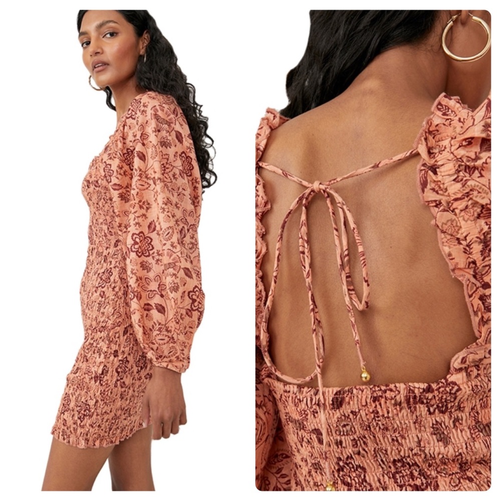 Free People Smock It to Me Mini Dress in Apricot Combo